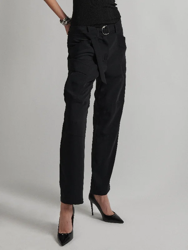 Belted battle trousers in black fluid crepe