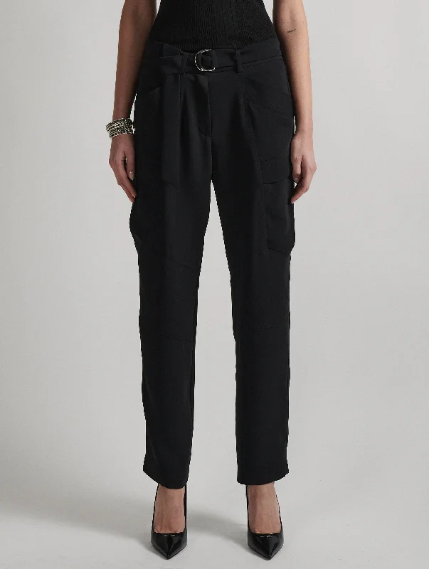 Belted battle trousers in black fluid crepe