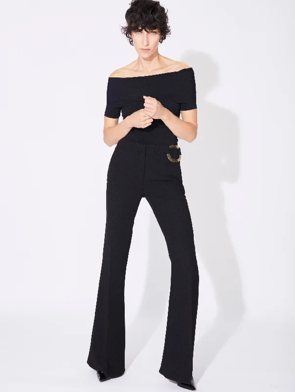 Black crepe flared trousers with buckle detail