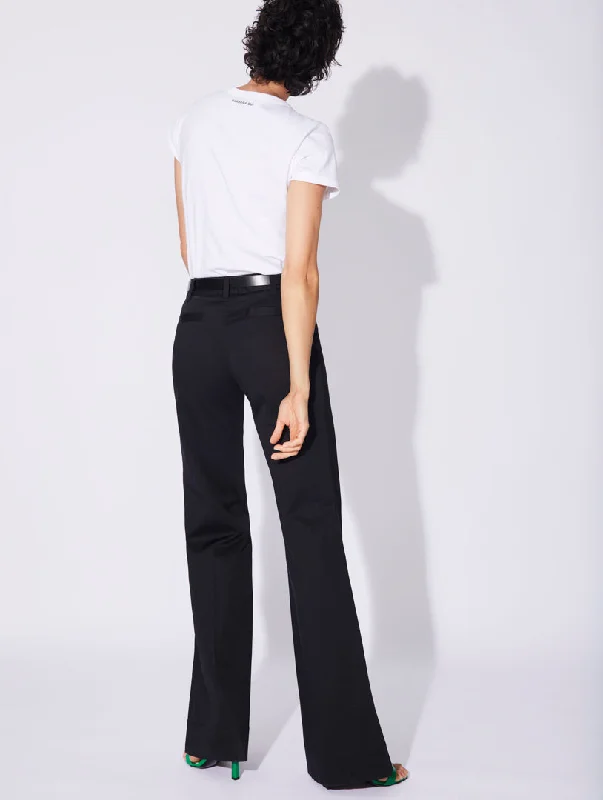 Black stretch cotton satin flared trousers