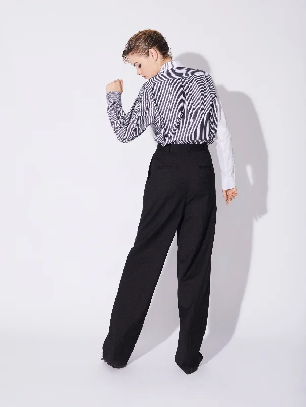 Black stretch wool high waisted pleated trousers