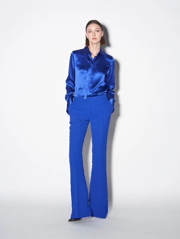 Blue crepe fabric flared suit trousers