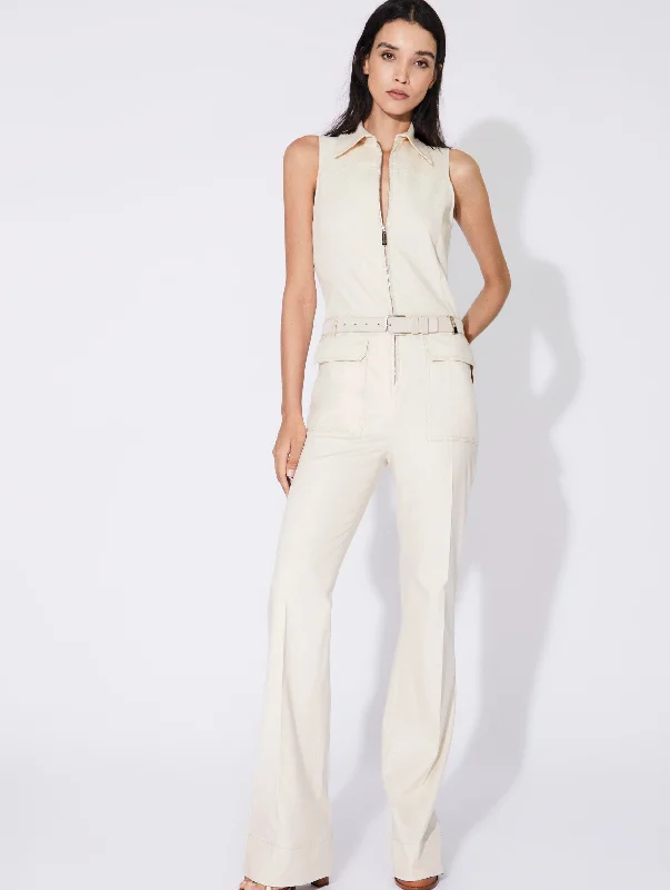 Cream washed denim trouser jumpsuit