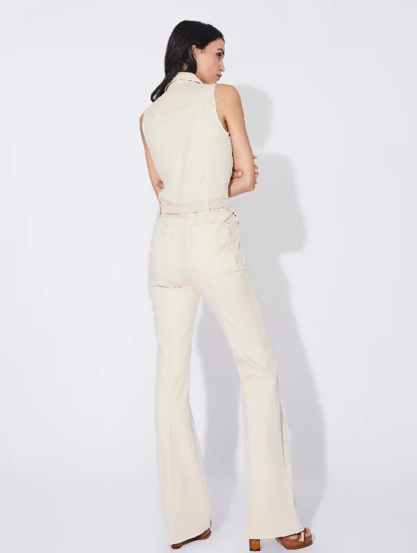 Cream washed denim trouser jumpsuit