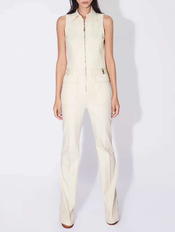 Cream washed denim trouser jumpsuit