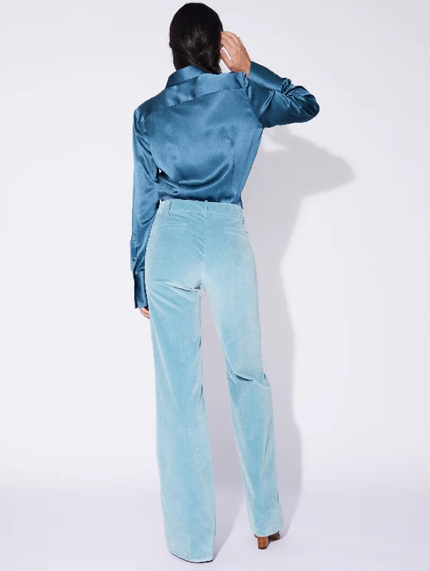 Denim blue smooth velvet flared trousers