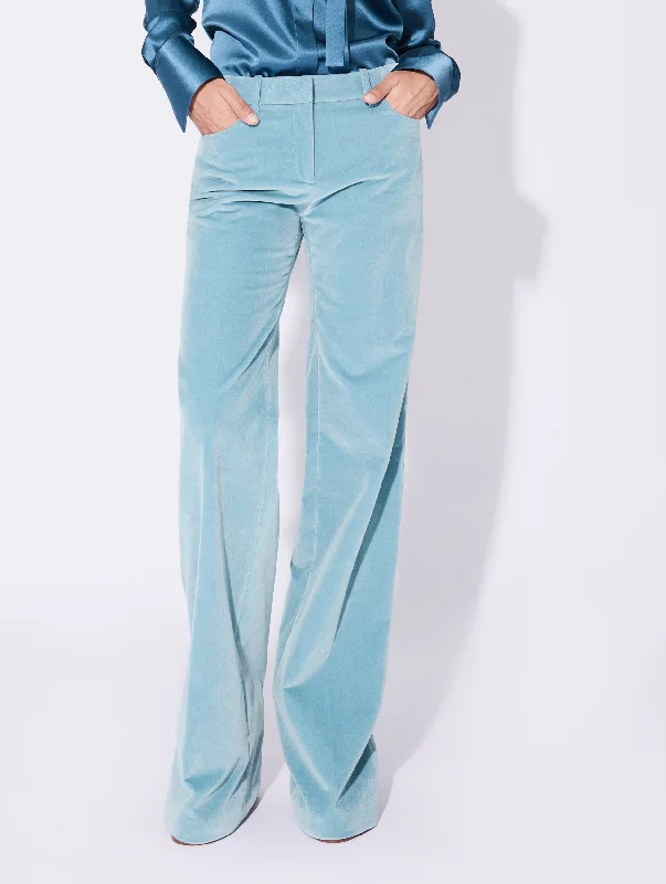 Denim blue smooth velvet flared trousers