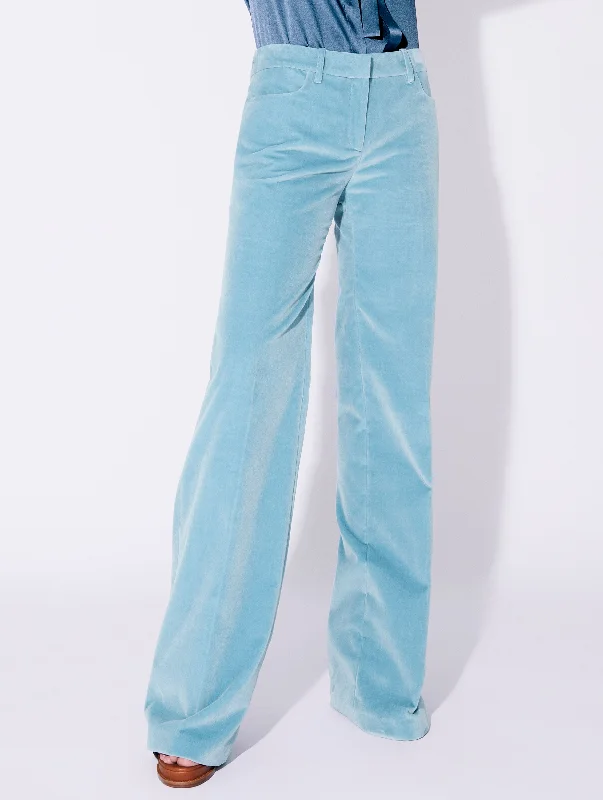 Denim blue smooth velvet flared trousers