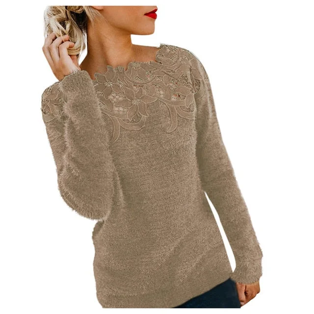 Elegant Women Lace Sweaters Flower Appliques Knitted Pullovers Female Long Sleeve Winter Jumper Slim Casual Tops Warm Knitwear