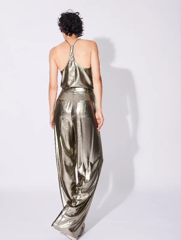 Gold lamé wide leg pleated trousers