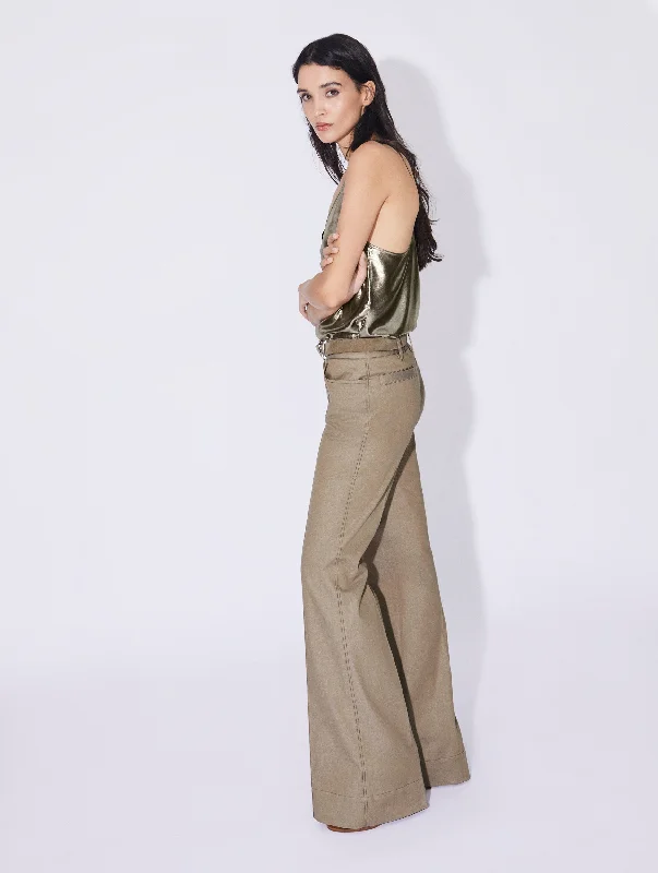 Linden green washed denim flared trousers