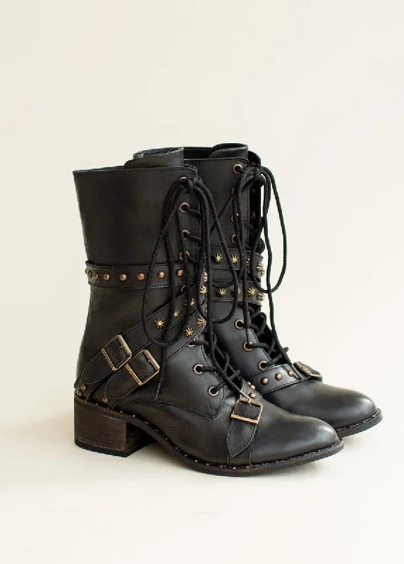 Rowan Leather Combat Boot in Distressed Black