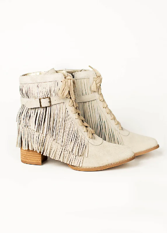 Nika Leather Fringe Boot in Bone