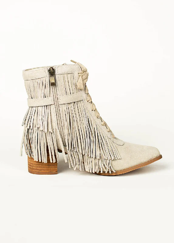 Nika Leather Fringe Boot in Bone