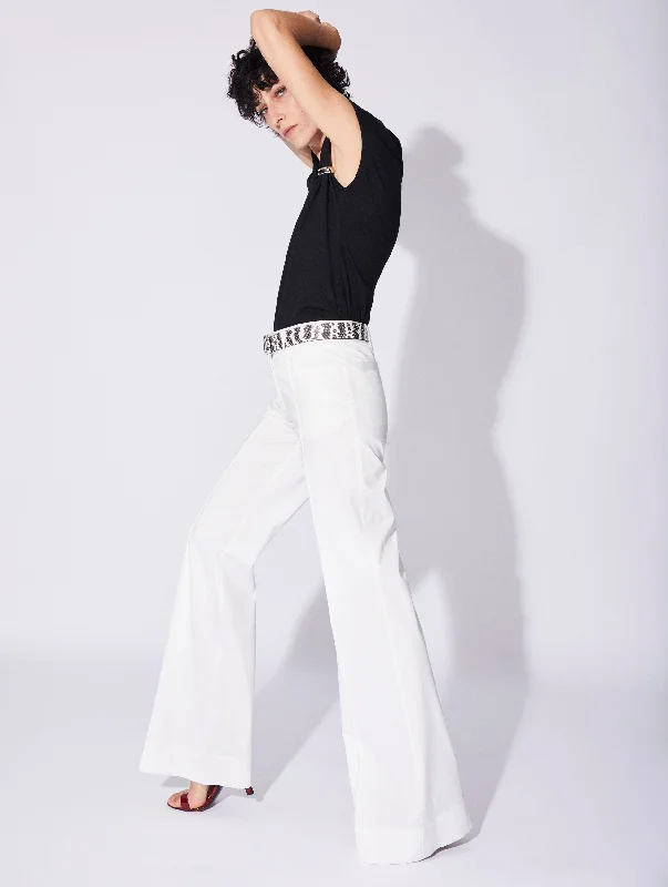 White stretch cotton satin flared trousers