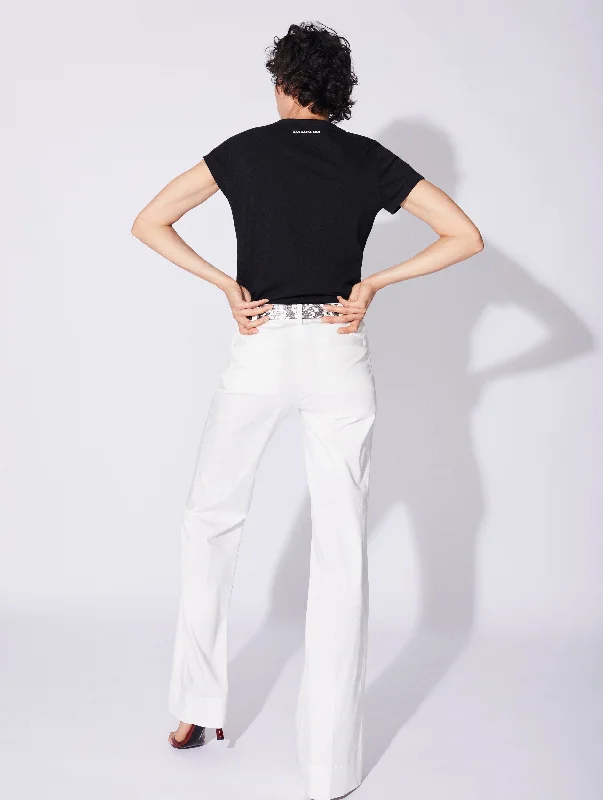 White stretch cotton satin flared trousers