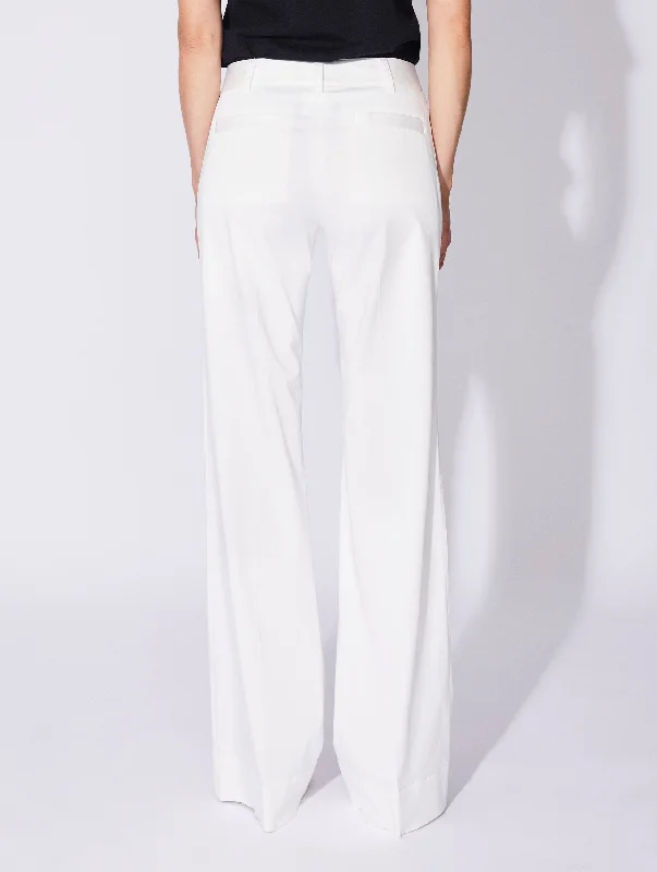 White stretch cotton satin flared trousers