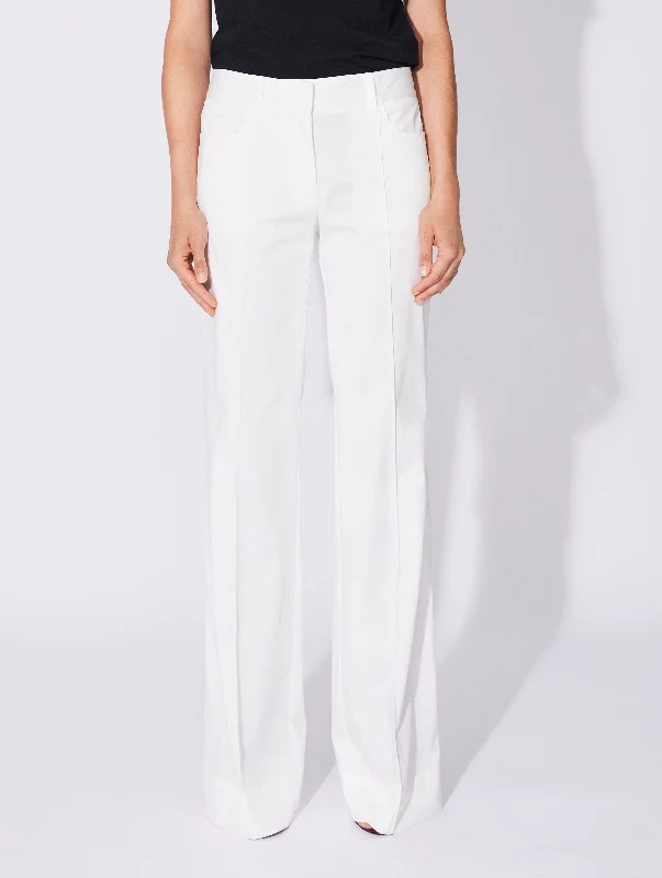 White stretch cotton satin flared trousers