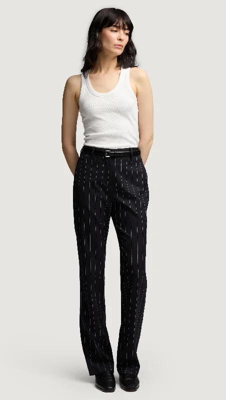 Straight Leg Trouser in Stretch Wool | Navy Pinstripe