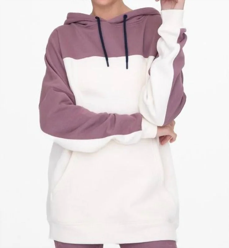 Color Blocked Hoodie Pullover With Pockets In Dark Mauve