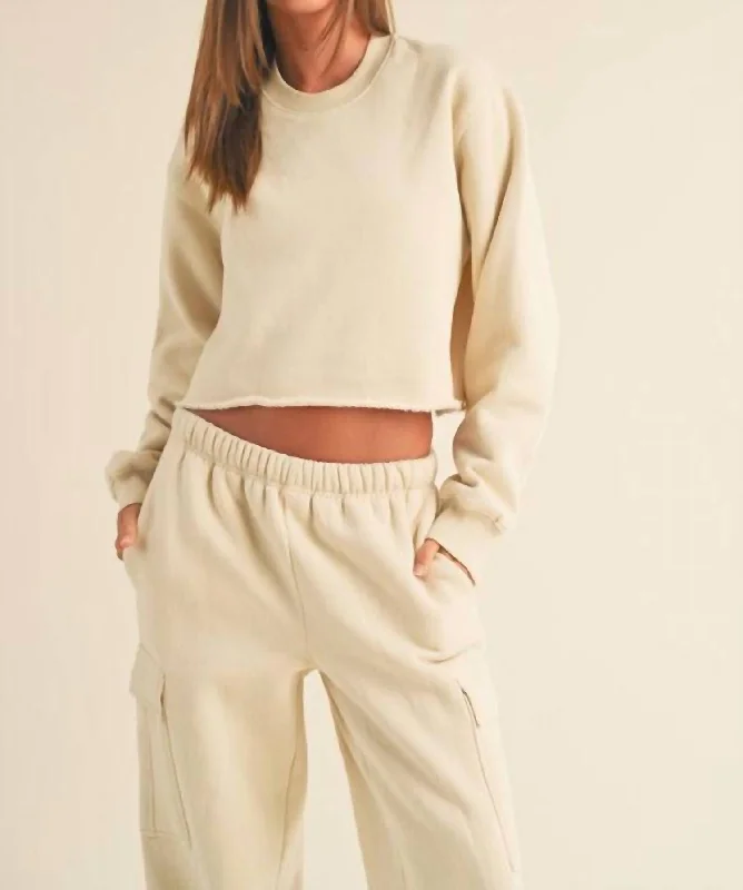 Fleece Raw Edge Cut Sweatshirt In Beige