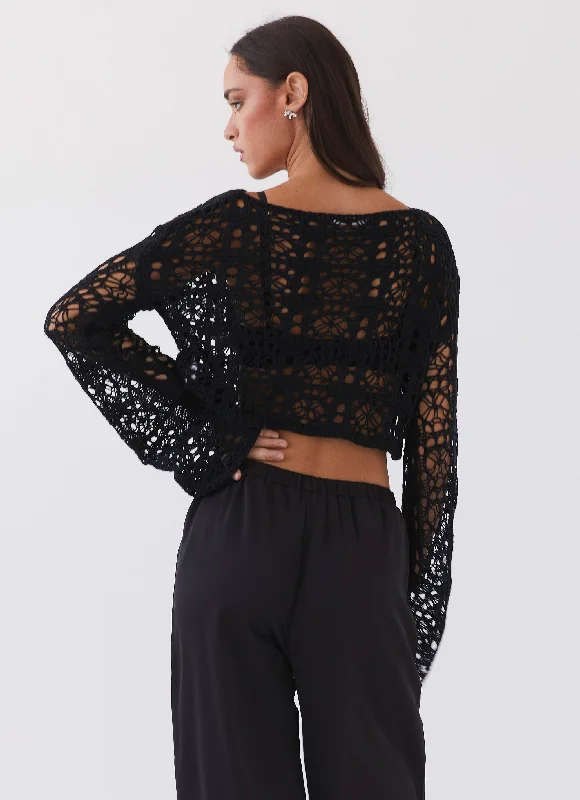 Free Mind Crochet Long Sleeve Top - Black