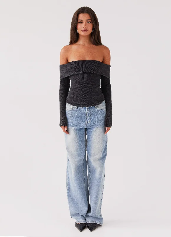 Hayley Long Sleeve Ribbed Top - Charcoal Acid Wash