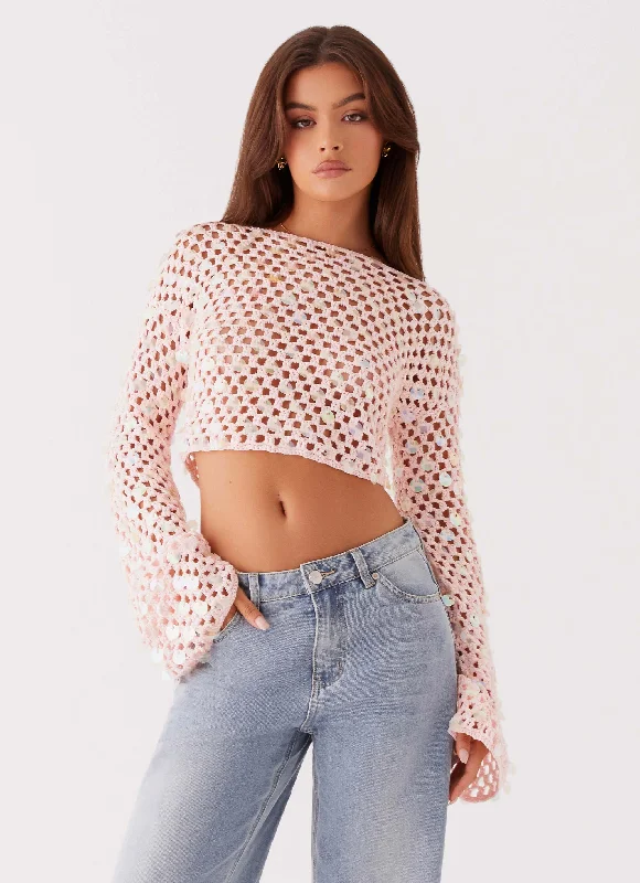 Issy Crochet Long Sleeve Crop Top - Pink