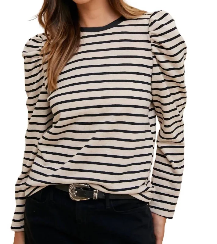 Striped Puff Sleeve Knit Sweatshirt In Black/oatmeal