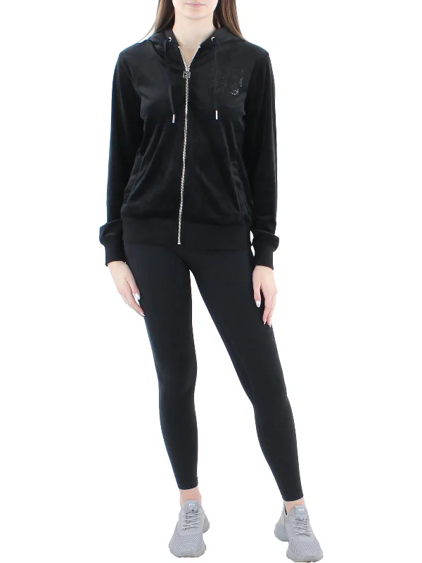 Womens Velour Rhinestone Zip Hoodie