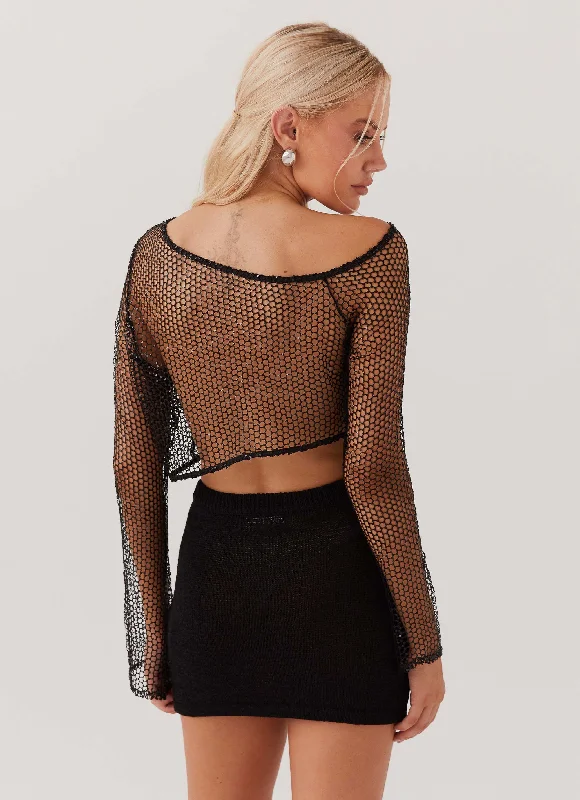 Zali Sequin One Shoulder Net Top - Black