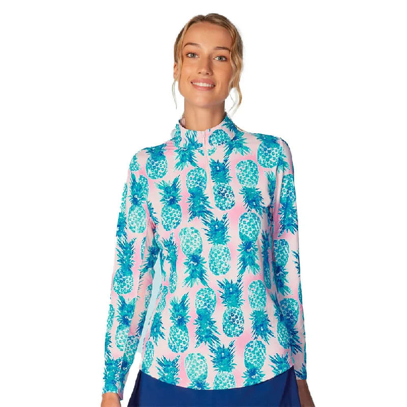 G Lifestyle Ananas Long Sleeve Zip Mock Neck Top - Aqua