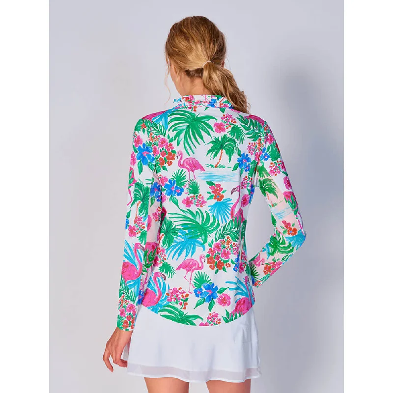 G Lifestyle Print Long Sleeve Double Ruffle Top - Flamingo