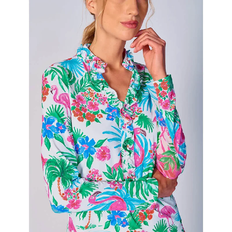 G Lifestyle Print Long Sleeve Double Ruffle Top - Flamingo