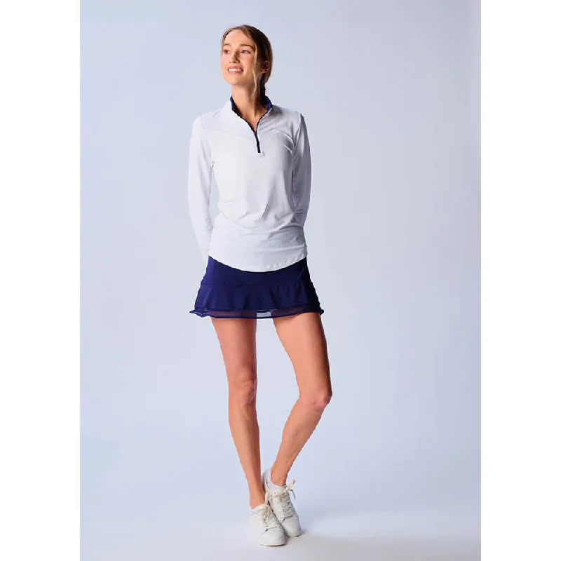 G Lifestyle Solid Long Sleeve Collar Block Zip Mock Neck Top - White/True Navy