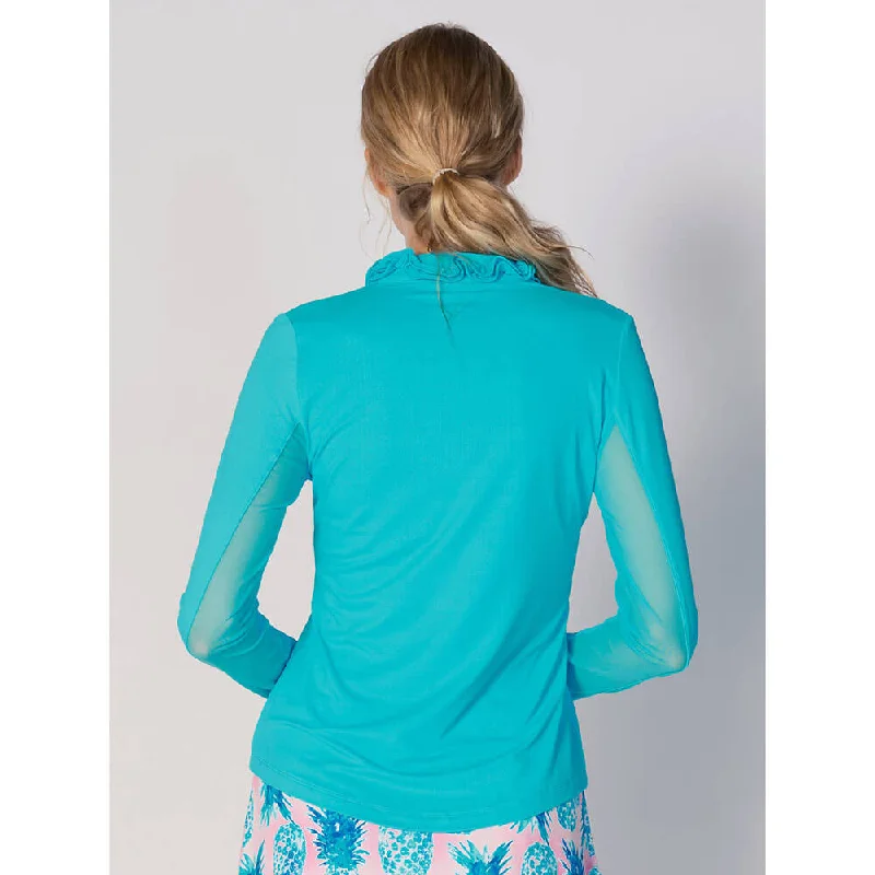 G Lifestyle Solid Long Sleeve Double Ruffle Top - Caribbean Turq