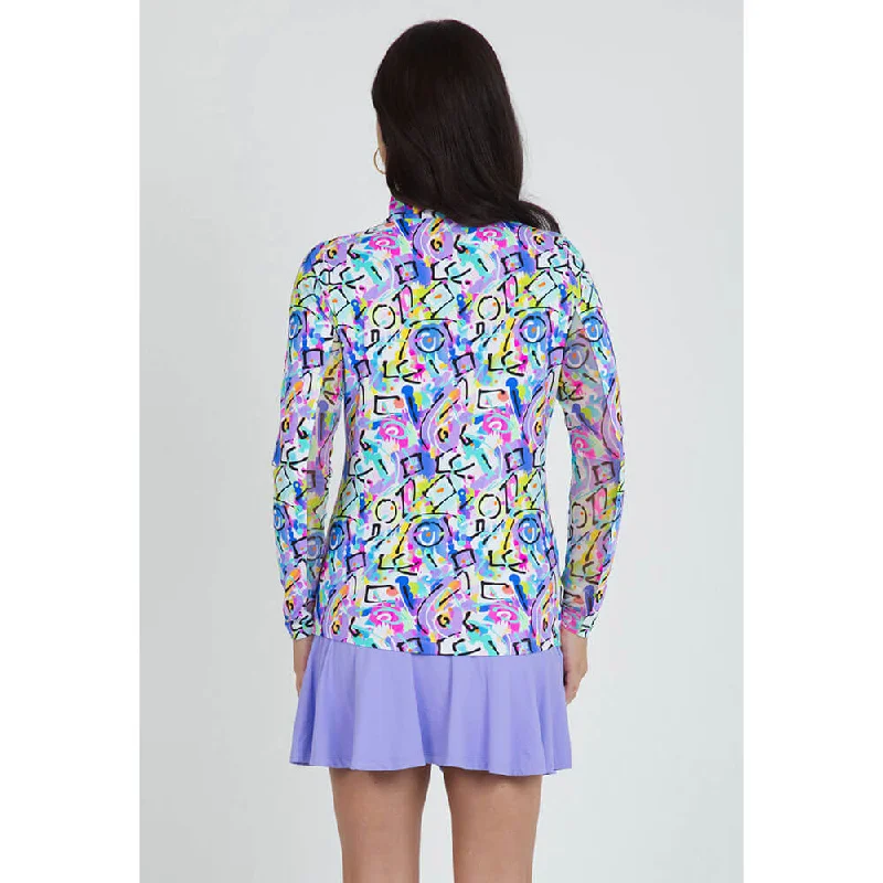 IBKUL Calli Print Long Sleeve Mock Neck Top - Turquoise Multi