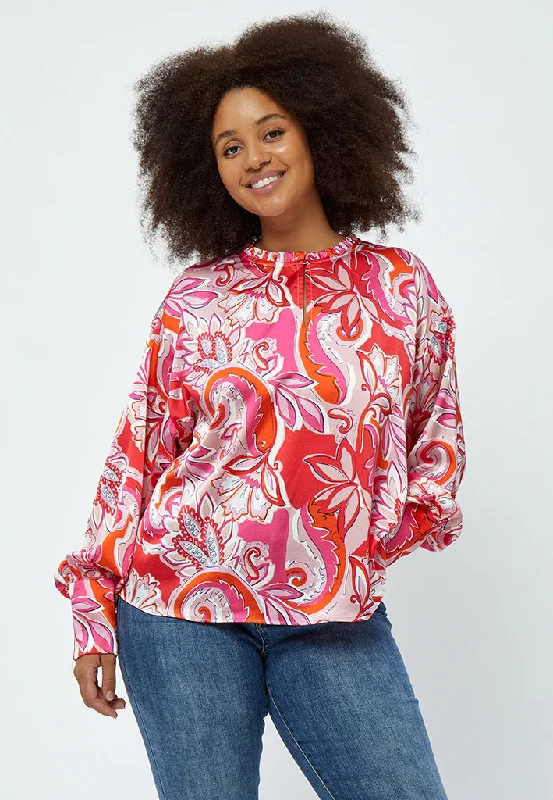 Lindi V-Neck Blouse Curve - Magenta Pink Print