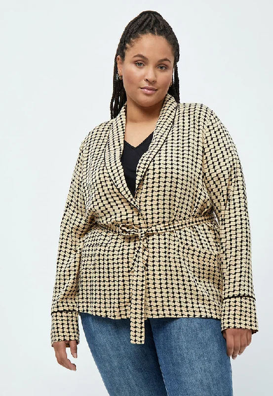 Lykke V-neck Shirt Jacket Curve - Warm Sand Print