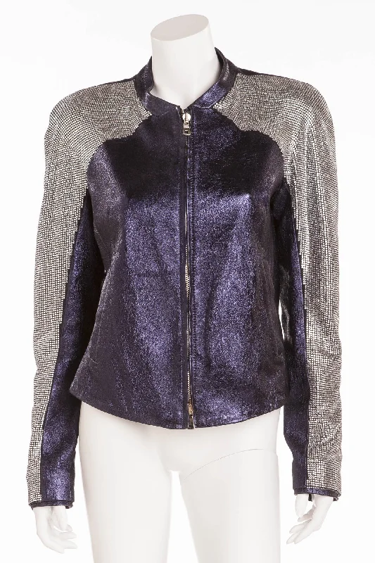 Balmain - Unique New with Tags Navy Blue Pearlescent Leather Jacket w/Rhinestone Arms - FR 40