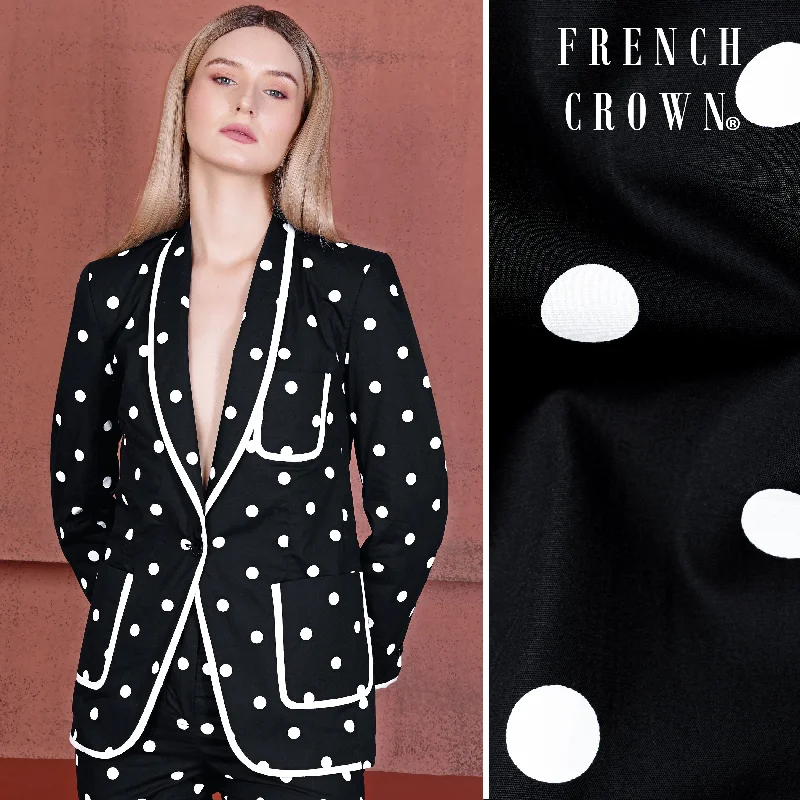 Jade Black and Bright White Polka Dotted With White Piping Work Premium Cotton Women’s Designer Suit