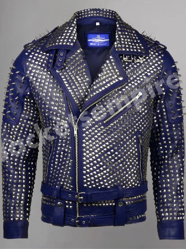 JE Men Blue Punk Silver Long Spiked Studded Leather Brando Jacket