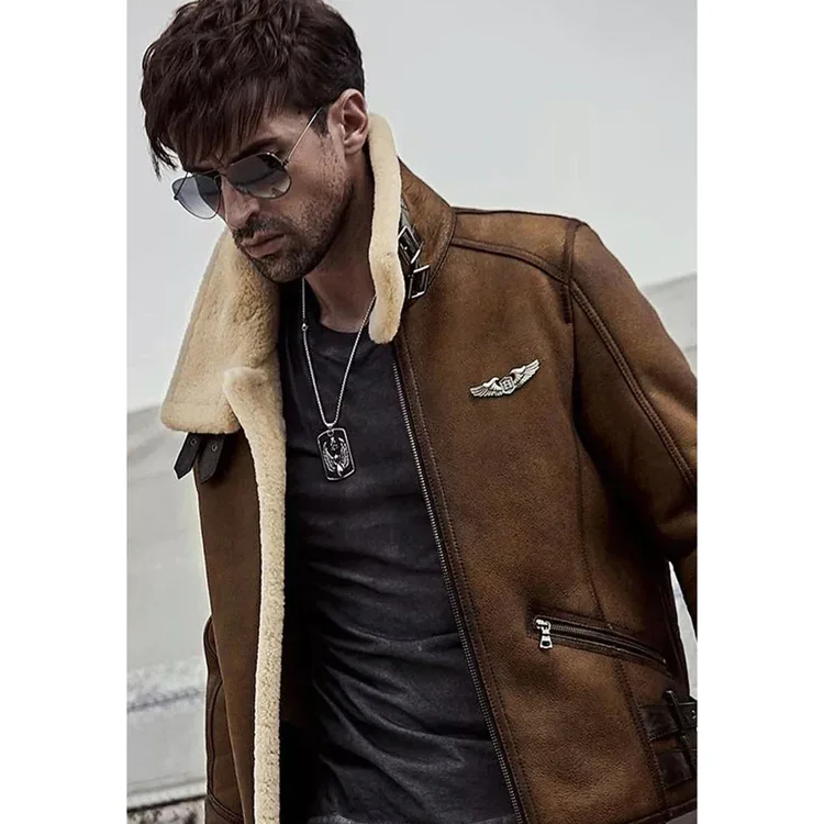 Men’s Aviator Camel Brown Leather Shearling Jacket