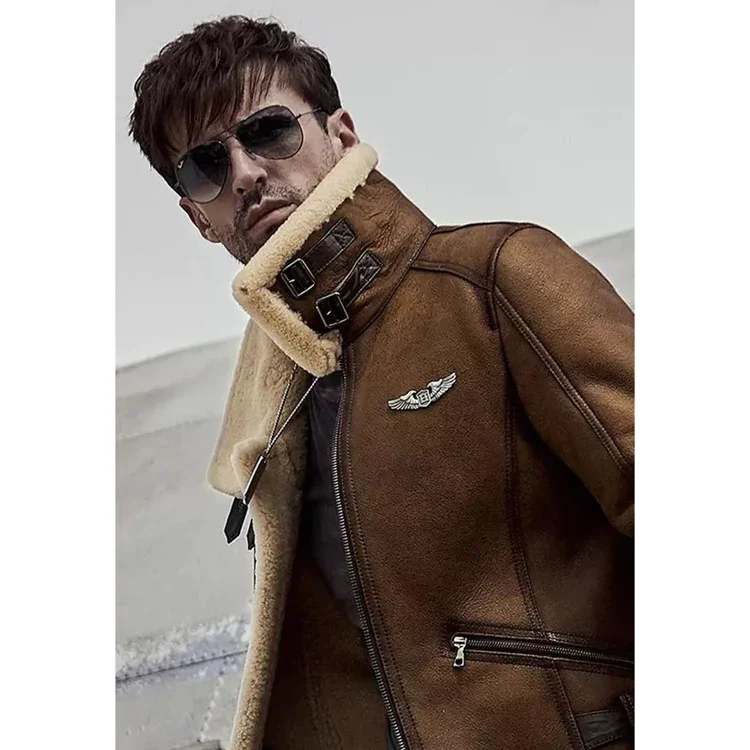 Men’s Aviator Camel Brown Leather Shearling Jacket