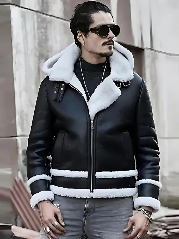 Men’s Aviator Removable Hood Black Leather White Shearling Jacket