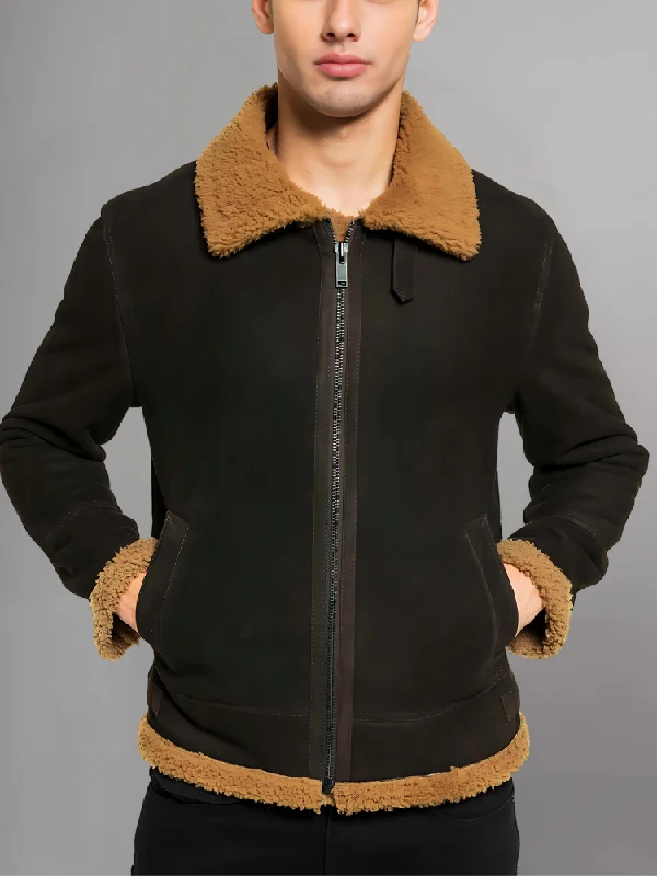 Men’s Black Leather White Shearling Jacket