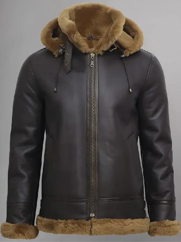 Mens B3 Detachable Shearling Sheepskin Hood Flight Leather Winter Fur Jackets