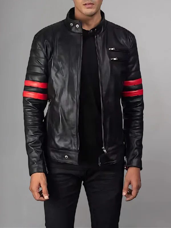 Men's Black Biker With Red Stripes Real sheepskin Leather Jacket