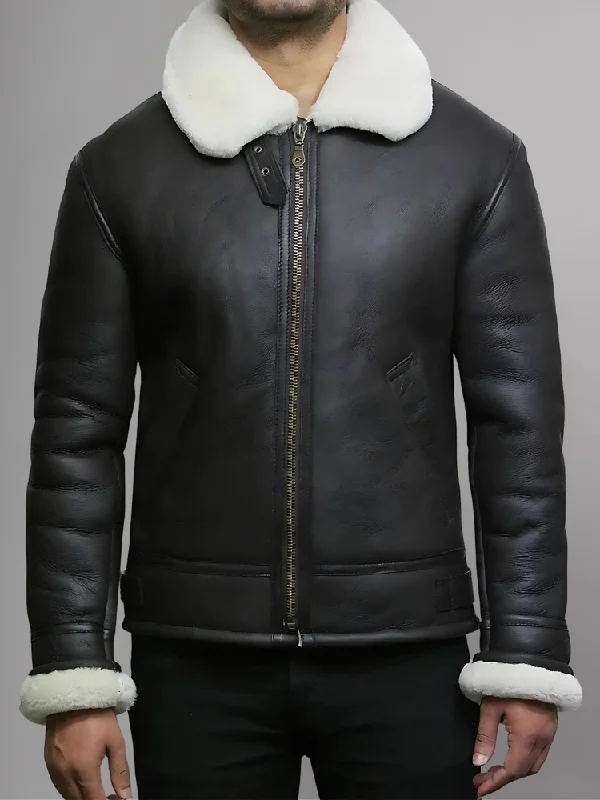 Mens Black Retro Winter Style Sheepskin Shearling Fur Leather Jacket Coat