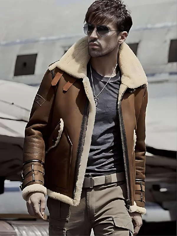 Mens Brown B3 B6 Sheepskin Shearling Bomber Jacket